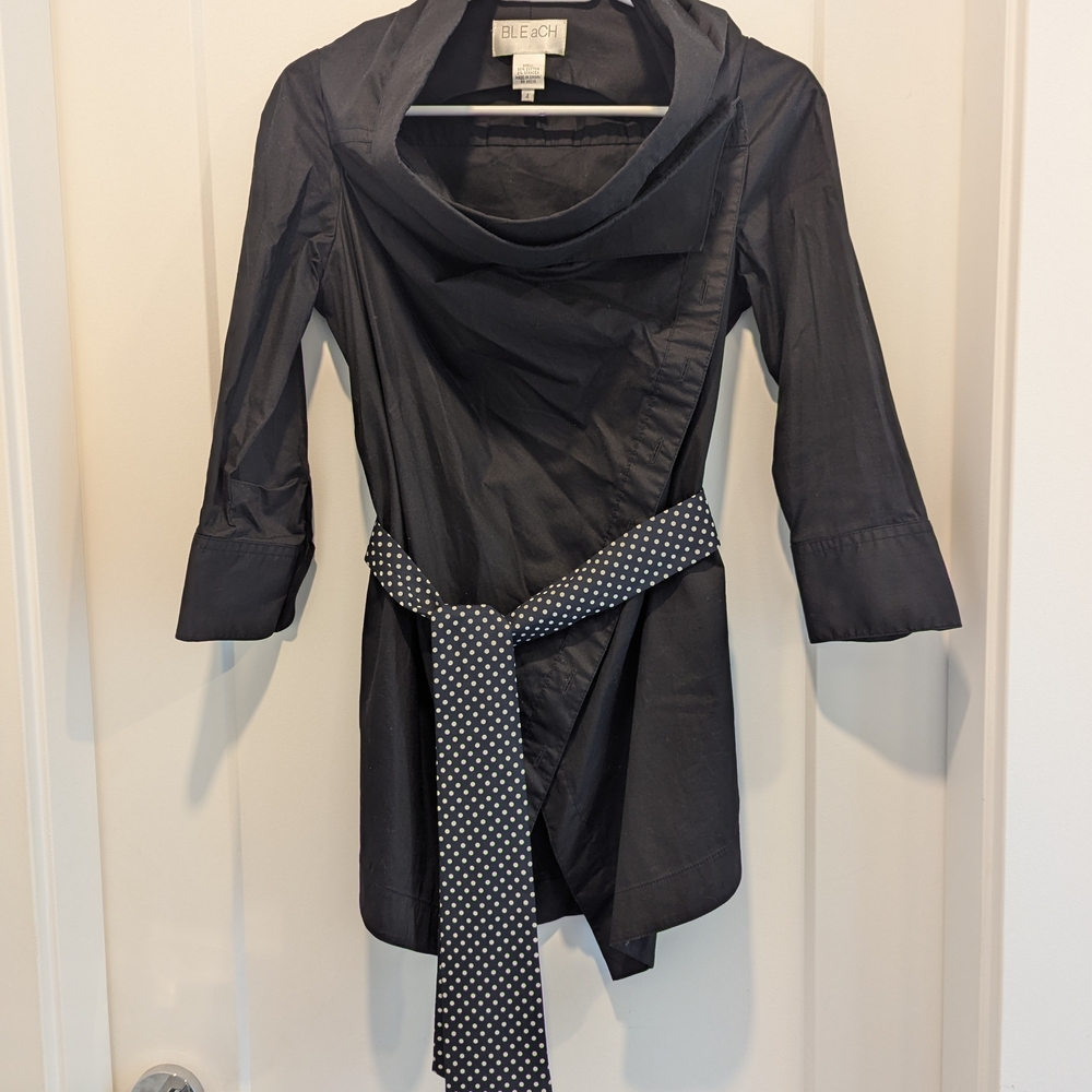 Black Cowl Neck Coat with Polka Dot Belt